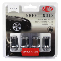 SAAS Wheel Nuts Flat Head Bulge 12 x 1.25 Chr 35mm 5Pk