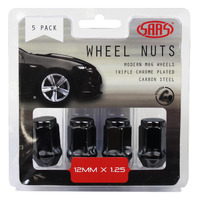 SAAS Wheel Nuts Flat Head Bulge 12 x 1.25 Black 35mm 5Pk