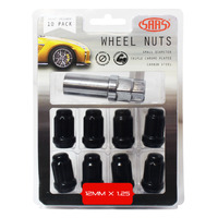 SAAS Wheel Nuts S/D 6 Spline 12 x 1.25 Inc Key Black 10Pk