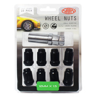 SAAS Wheel Nuts S/D 6 Spline 12 x 1.50 Inc Key Black 10Pk